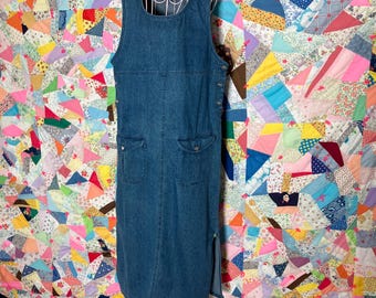 vintage 90s denim dress repaired visible mend cottage core midi-maxi 1990s cotton western farmcore jean |M| BJS upcycled reworked