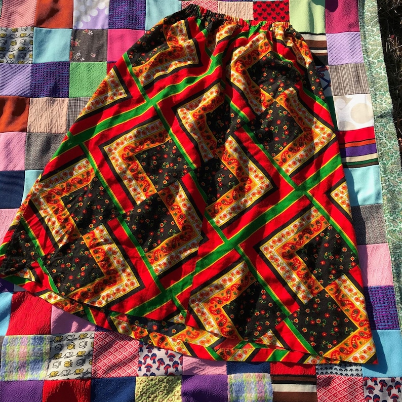 vtg vintage 70s prairie multicolor floral patchwork print midi long skirt boho cottage bold black red green flower handmade hand made one of