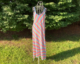 Vintage 70s dress  1970s handmade pink blue green yellow orange multicolor rainbow candy striped
