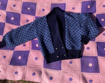 Vintage Susan bristol grandma cardigan abstract knit sweater S-M geometric 90s  navy blue pink  wool fuzzy shawl collar balloon sleeve