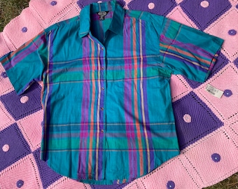 Vintage plaid shirt teal pink collared top 90s | M - L | 1990s soft cottage core  rainbow madras Mint Shop cotton deadstock nwt