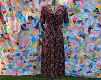 vtg vintage floral dress 1990s cottage core navy blue pink green rose print western farmcore 90s