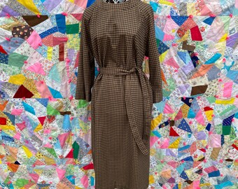 Vintage 60s 70s dress 1970s 1960s houndstooth |S-M| brown grey