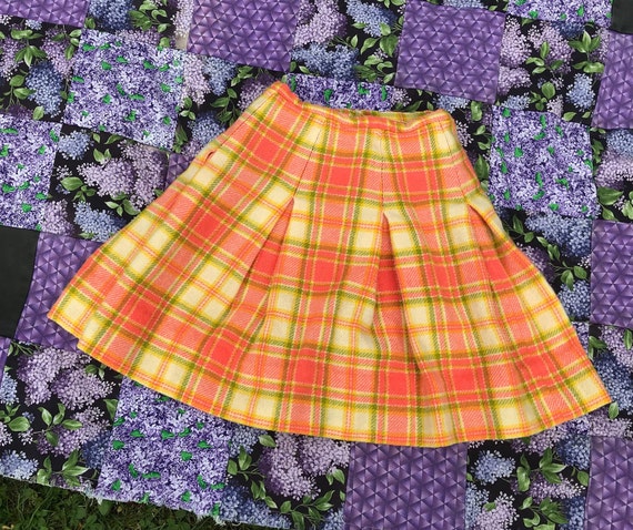 Coral pink wool plaid skirt XS S yellow green bei
