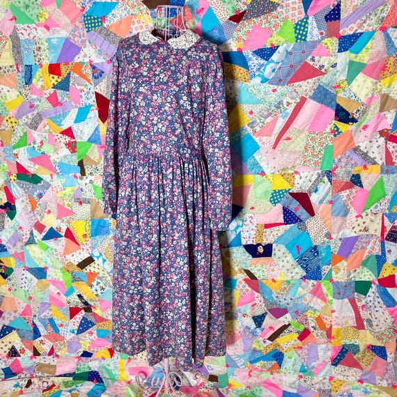 Laura Ashley 80s Vintage Dress Slate Blue |M-L| Cottage Prairie