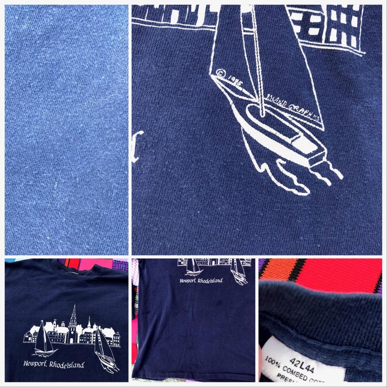 Vintage vtg navy blue 80s newport rhode island destination long sleeve graphic print t shirt graphic S M soft worn in navy blue 1980s distr