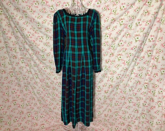 vintage 80s 90s dress  | M-L | maxi whimsigoth  black green teal red western  plaid 1990s Sarah Elizabeth