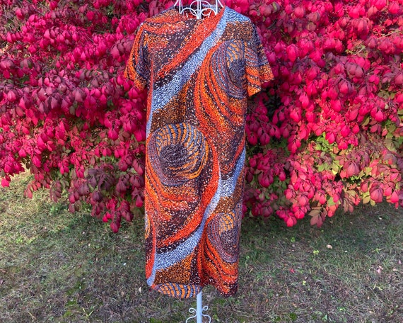 Vintage 60s 70s dress | S-M | orange blue brown  … - image 1