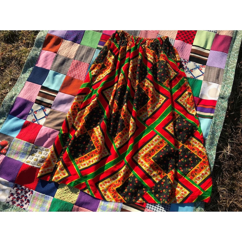 vtg vintage 70s prairie multicolor floral patchwork print midi long skirt boho cottage bold black red green flower handmade hand made one of