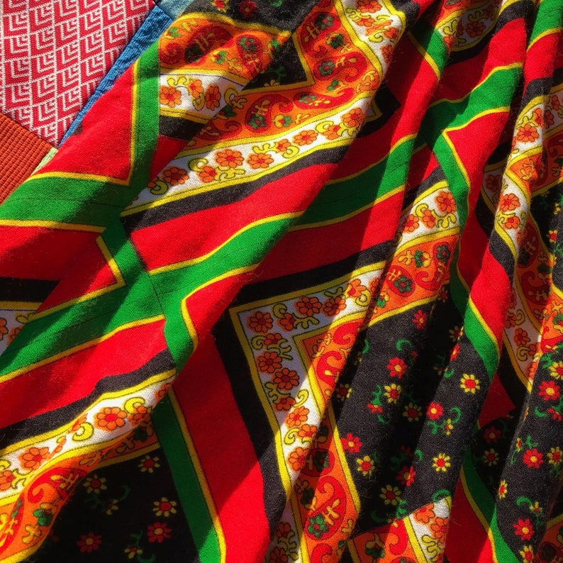 vtg vintage 70s prairie multicolor floral patchwork print midi long skirt boho cottage bold black red green flower handmade hand made one of