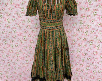 vintage 50s 60s dress  | S | 1950s green orange heart print tiered ruffle milkmaid