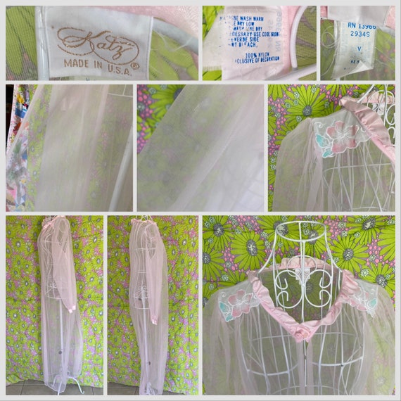 Vintage 70s pale pink mesh and lace peignoir long… - image 3