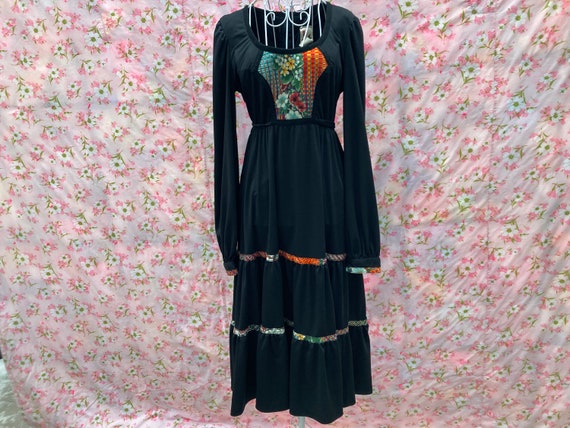 Vintage 70s black dress 1970s tiered ruffle flora… - image 1