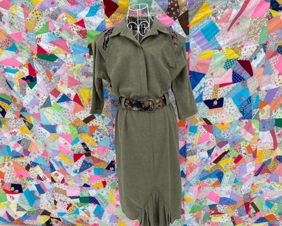 Vintage Sage Green Dress 3/4 Sleeve | S - M | Made in Usa Faux Suede  Tapestry Belt 1980s Western Shirt SL Fashions - Etsy