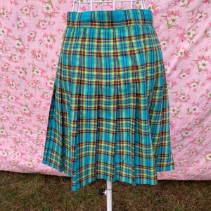 80s 90s vintage skirt pleated plaid blue black yellow S M turquoise Tracy Evans image 1