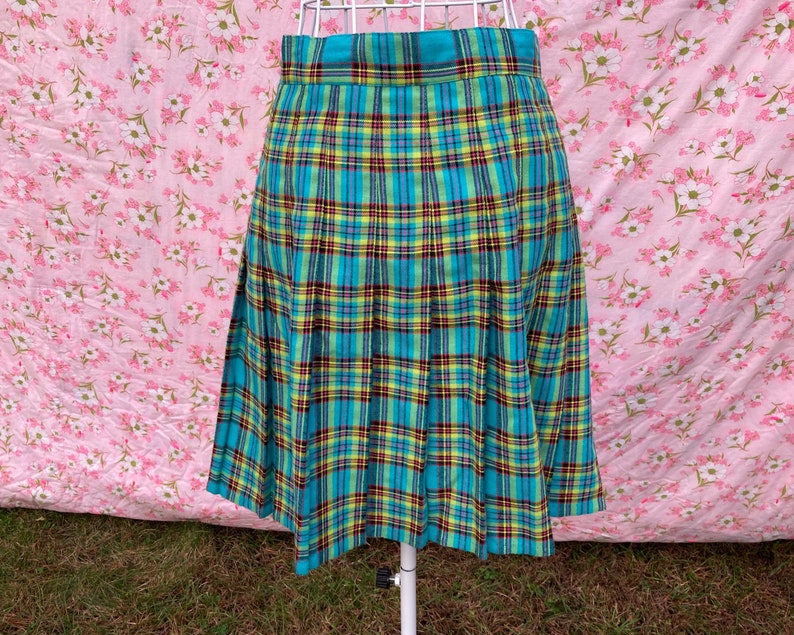 80s 90s vintage skirt pleated plaid blue black yellow S M turquoise Tracy Evans image 1