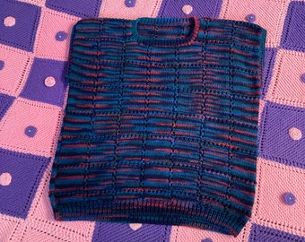 Vintage crochet sweater vest blue pink open weave knit hand made 70s