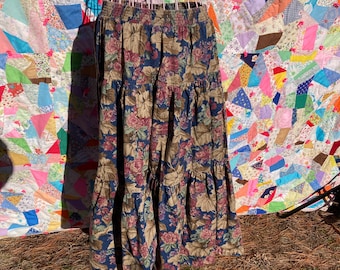 Vintage 90s skirt |s-m| cottage core Orvis cotton  tiered ruffle floral rose print