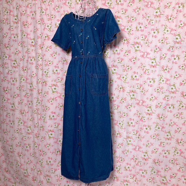 vintage 90s denim dress cottage core fades floral embroidery repaired midi 1990s cotton western farmcore jean |S-M| Erika