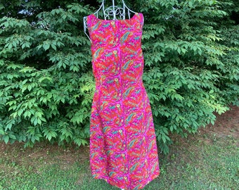 vintage 90s / y2k does 70s  paisley dress  //S-M //  1990s silk pink red green colorful Lena Meydoyeff