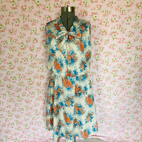 vintage dress 70s | S-M |  cream teal orange cora… - image 1