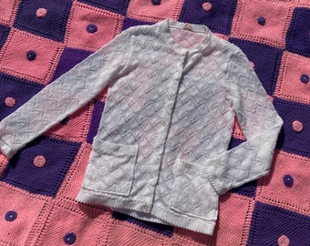 White knit cardigan sweater top vintage | S - M | 70s open weave 1970s crochet  grandma f.a.l