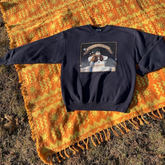 LolaJaneVtg Vintage Grandma Sweater Sweatshirt Snowman Graphic M L Snowflake Winter Snowmen Navy Blue Lee Holiday Winter Angels Snow Pullover Crewneck