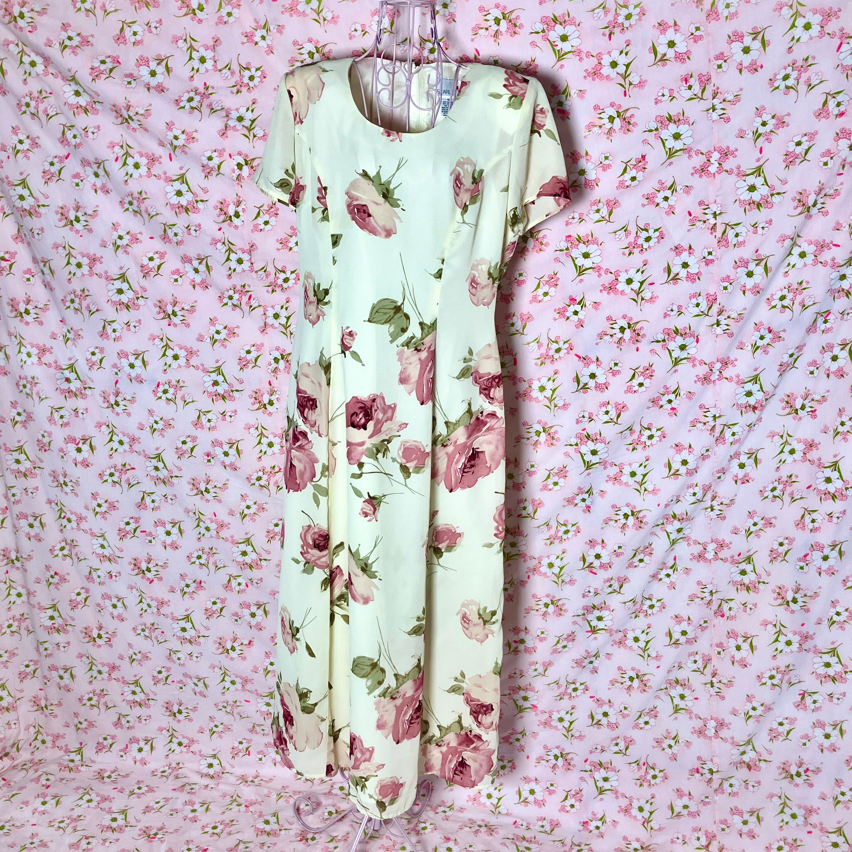 Vintage 90s Y2k Dress Pastel Yellow Floral Maxi | M | Cottage Core  