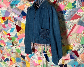 1970s Patchwork Denim Jacket, Vintage Calico Inlay Crop Jean