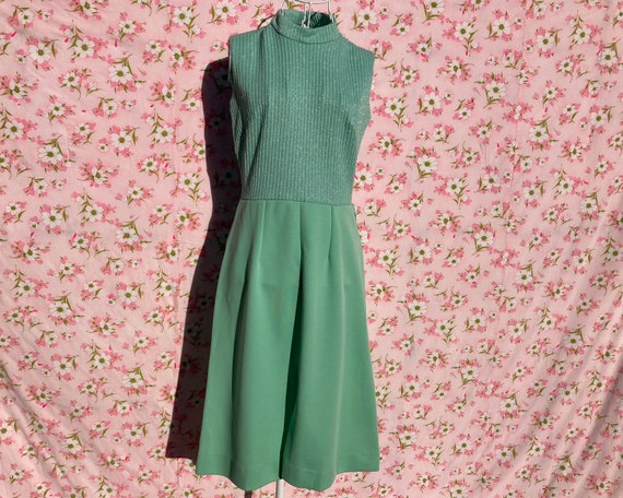 70s vintage dress mint pastel green silver S - M … - image 1