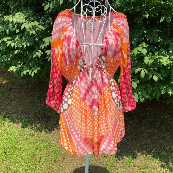 vintage Y2K blouse |S - M|  sheer  pink white orange Milly New York polka dot boho