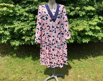 vtg vintage floral dress 1980s | L-XL | cottagecore navy blue pink garden party 80s