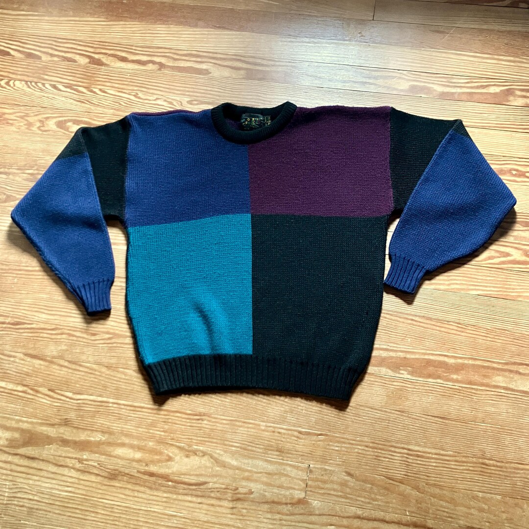 Vintage 80s 90s Sweater Color Block | L | Purple Green Black Teal Jewel ...