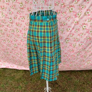 80s 90s vintage skirt pleated plaid blue black yellow S M turquoise Tracy Evans image 8