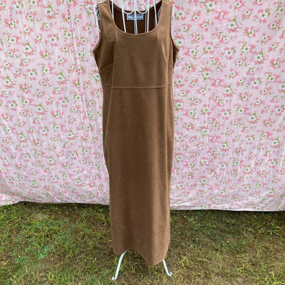 vintage faux suede jumper dress 90s | S-M |tan br… - image 2