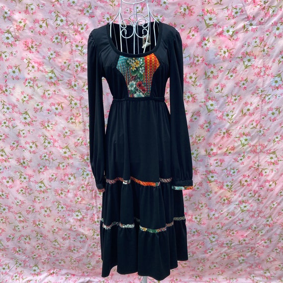 Vintage 70s black dress 1970s tiered ruffle flora… - image 2