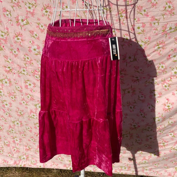 Vintage 90s Y2K skirt bright pink fairy core deadstock Amy Byer velvet tiered ruffle gold