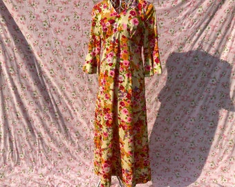 70s vintage maxi dress | S-M | Hawaiian floral butter yellow neon pink purple green  1970s Maluna Hawaii