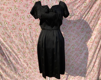 Vintage 50s black dress XS-S fit and flare bow brocade