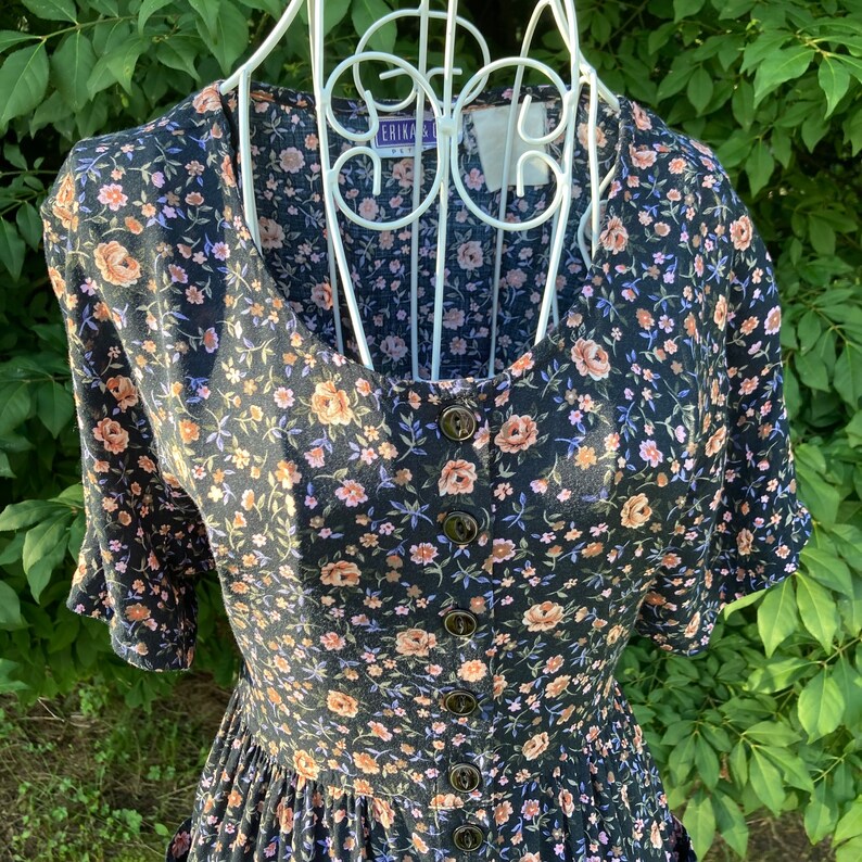 Vintage cottage core dress S-M 1990s navy blue floral print western farmcore Erika image 3