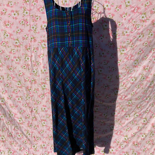 vintage plaid jumper dress m 90s | S-M | cottage blue black teal green western academic 1990s Carol Little