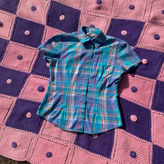 Vintage plaid shirt snap blue pink Henri Bendel c… - image 1