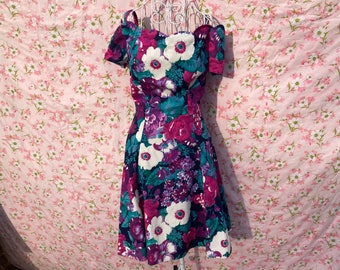 vintage 80s dress cottage core | XS-S | floral 1980s purple green blue  white circle skirt fit and flare off the shoulder Byer Too! cotton