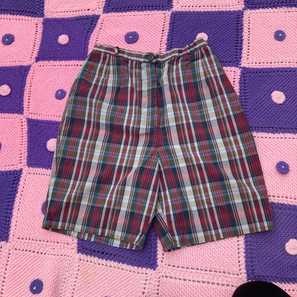 vintage 60s high waisted shorts 1960s madras plaid maroon green tan  XS-S