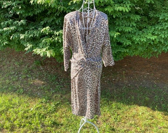 vintage leopard animal print dress 70s 80s novelty pattern brown tan black | S-M | deep v neckline