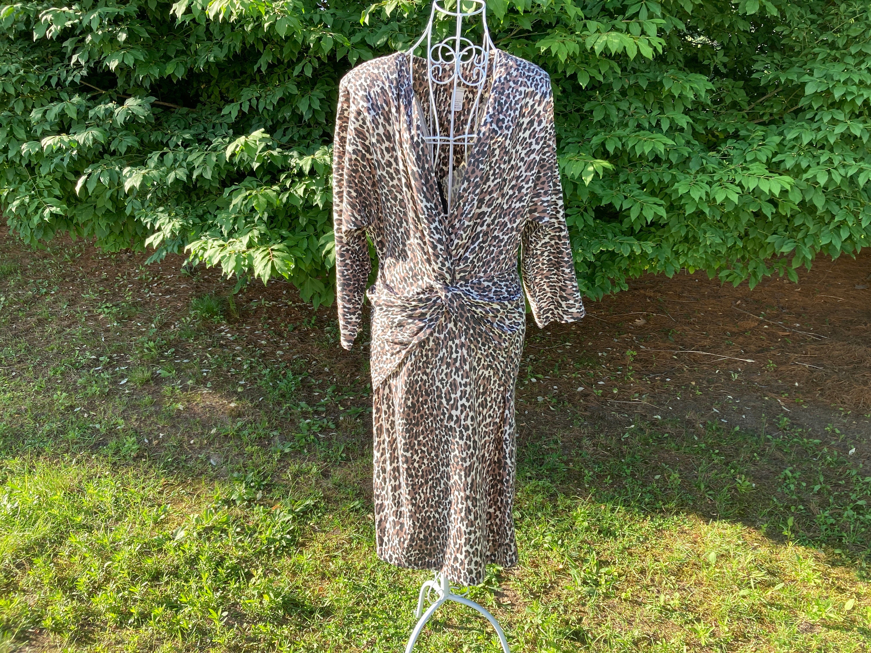 knockout dress with adult themed pattern in beige leopard print Vintage Animal 70s 80s Novelty Brown Tan Black | S-M | Deep V Neckline recurate-hide Sex tape pattern Deep Champagne Swing Dress Sequins SIZE:DRESSER