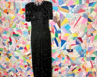 90s Y2K dress formal event prom black  silk maxi beaded flaw as is |S-M| beaded Lawrence Kazar  India occasion wear