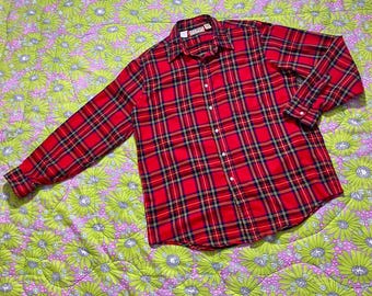 vintage 80s 90s LL Bean flannel shirt plaid button up collared top  | L |  red blue yellow soft cotton cottage core long sleeve USA