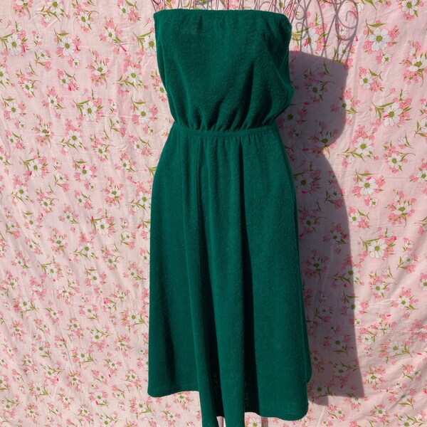 70s vintage dress emerald green retro mod  | S | terry cloth cover up beach strapless Catalina