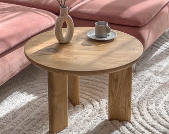 Round Oak Coffee Table OHA, Solid Wood Japandi Accent Table